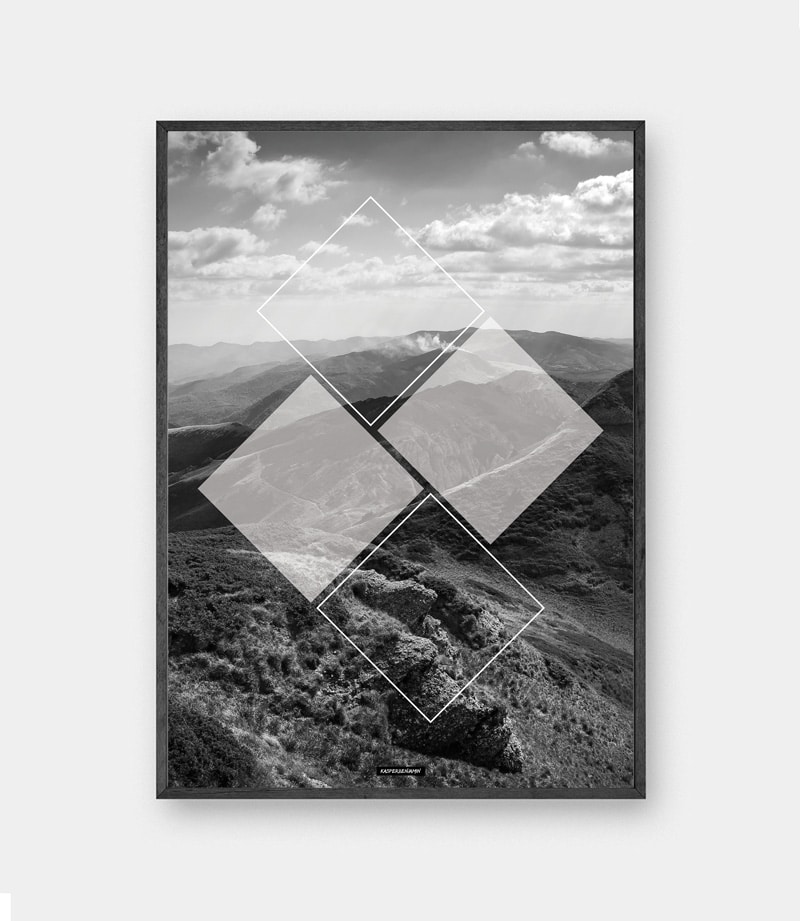 Mountain Square plakat - Sort hvid natur plakat med firkanter i sort ramme