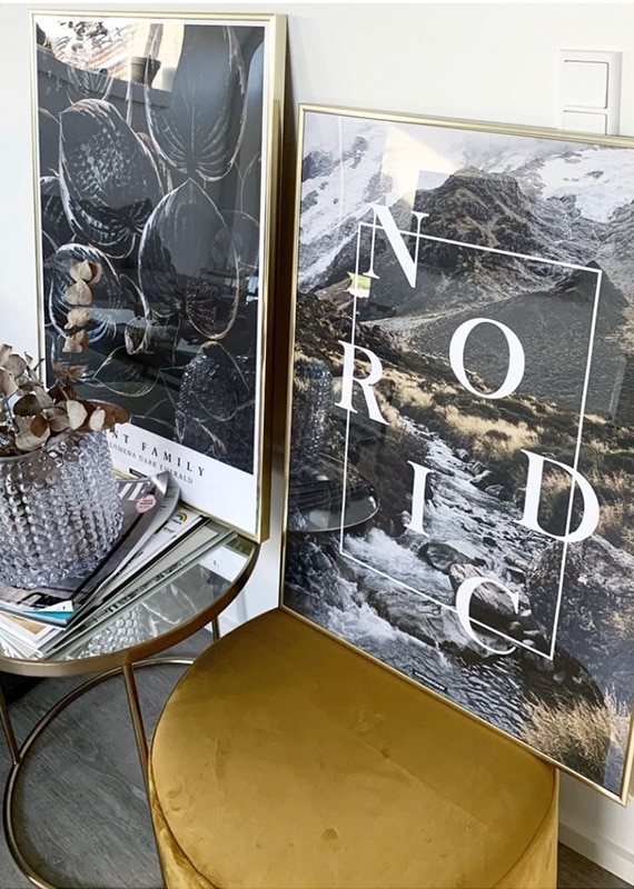 Nordic plakat og homalomena plakat i guldrammer i stuen