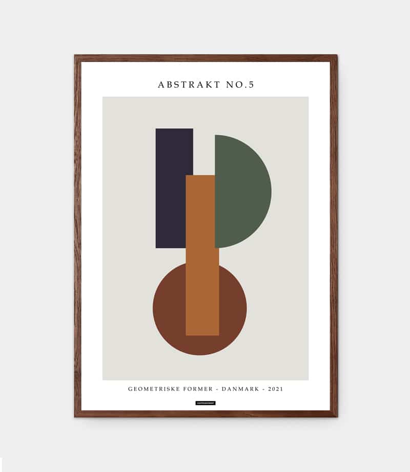 Abstrakt plakat med figurer og farverne grøn, blå, rød og orange