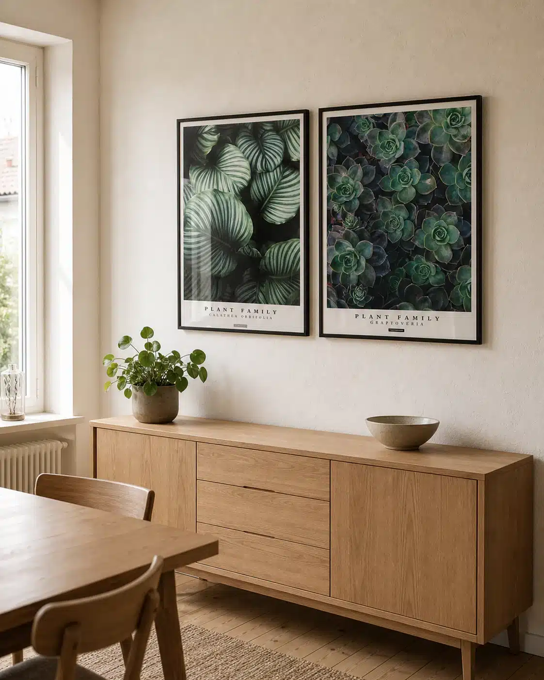 CALATHEA ORBIFOLIA og GRAPTOVERIA plakater i sorte rammer over en lys egetræsskænk i en dansk spisestue med naturligt dagslys.