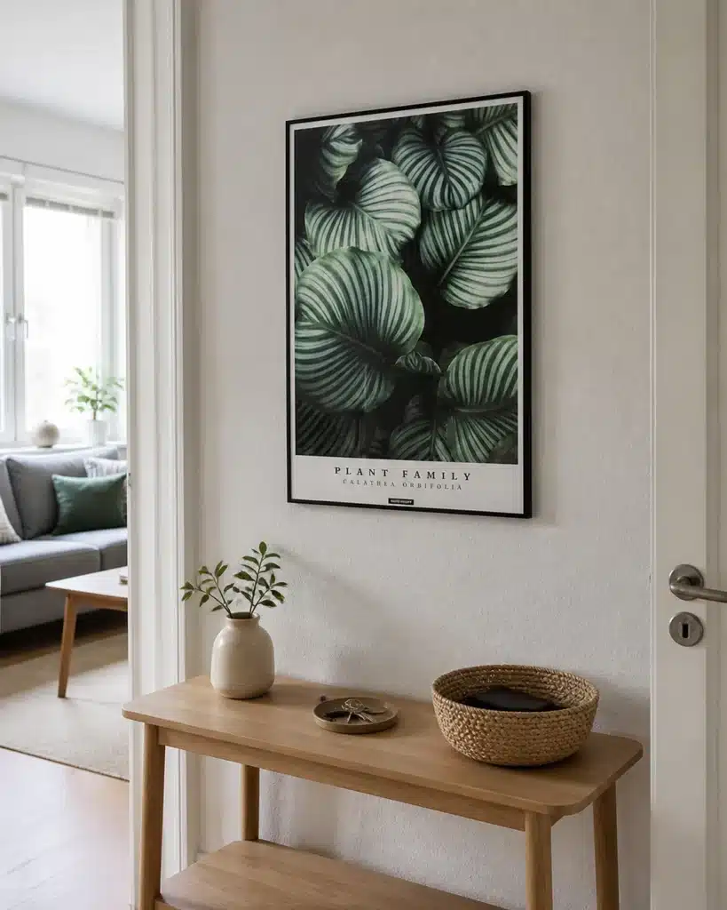 CALATHEA ORBIFOLIA - miljøbillede - KASPERBENJAMIN CALATHEA ORBIFOLIA plakat i sort ramme i en lys dansk entré med egetræskonsol, flettet kurv og naturligt dagslys.
