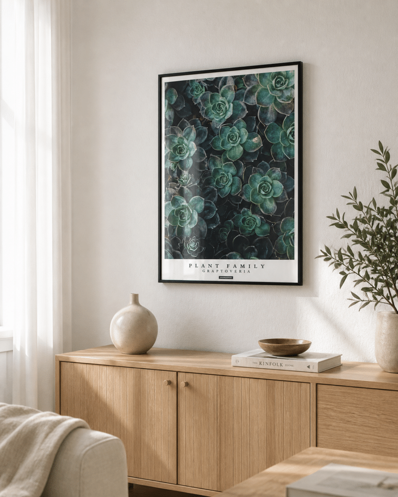GRAPTOVERIA - miljøbillede - KASPERBENJAMIN - lys stue ved vindue Graptoveria plakat i sort ramme i en lys stue ved vindue med egetræsskænk, keramik, plante og naturligt dagslys