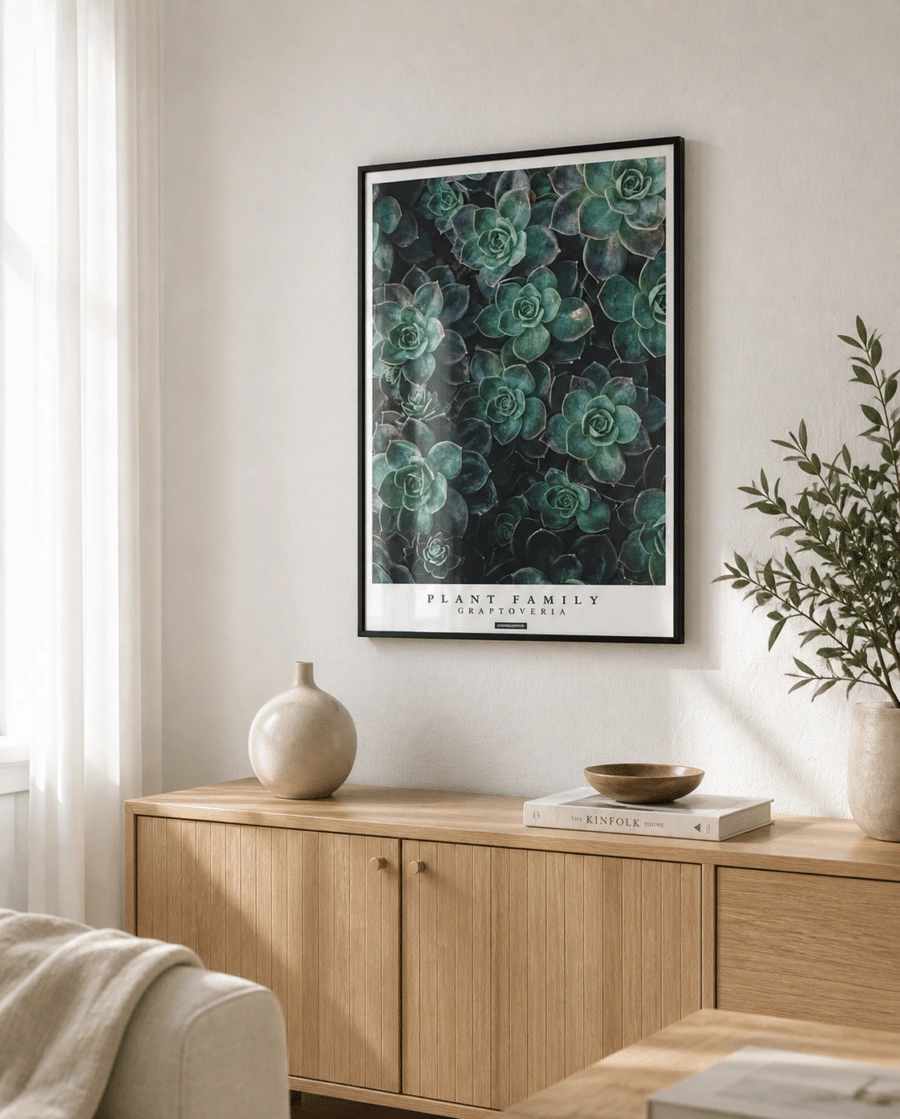 Graptoveria plakat i sort ramme i en lys stue ved vindue med egetræsskænk, keramik, plante og naturligt dagslys