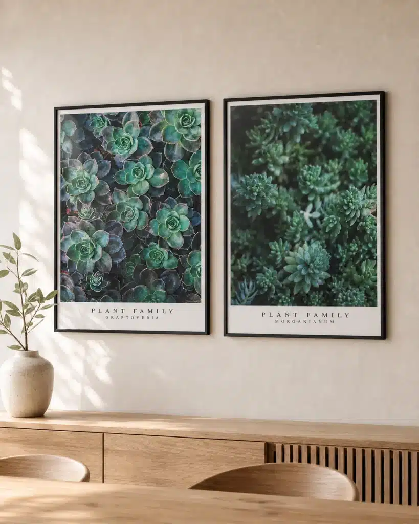 GRAPTOVERIA og MORGANIANUM - miljøbillede - KASPERBENJAMIN GRAPTOVERIA og MORGANIANUM plakater i sorte rammer over en egetræsskænk i en lys dansk spisestue med naturligt sollys og synligt genskær i glasset.