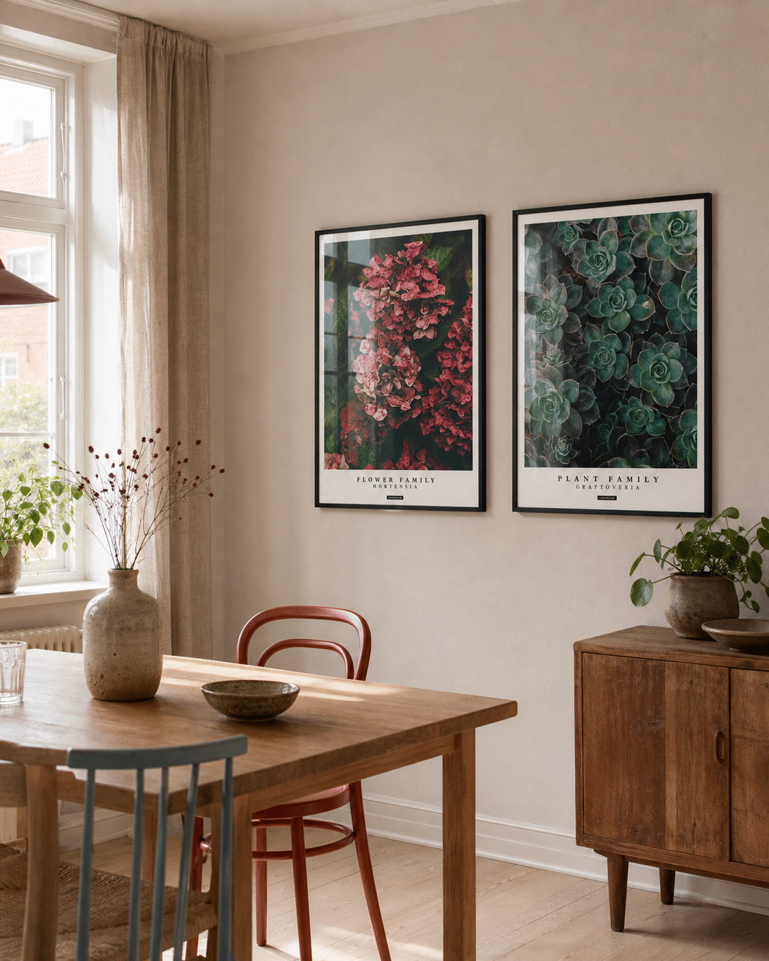 Hortensia og Graptoveria plakater i sorte rammer i en lys dansk spisestue med egetræsbord, vindue og naturligt dagslys