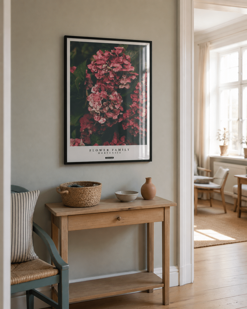 HORTENSIA - miljøbillede - KASPERBENJAMIN - lys entré Hortensia plakat i sort ramme i en lys entré med grågrøn væg, egetræskonsol, kurv, keramik og dagslys