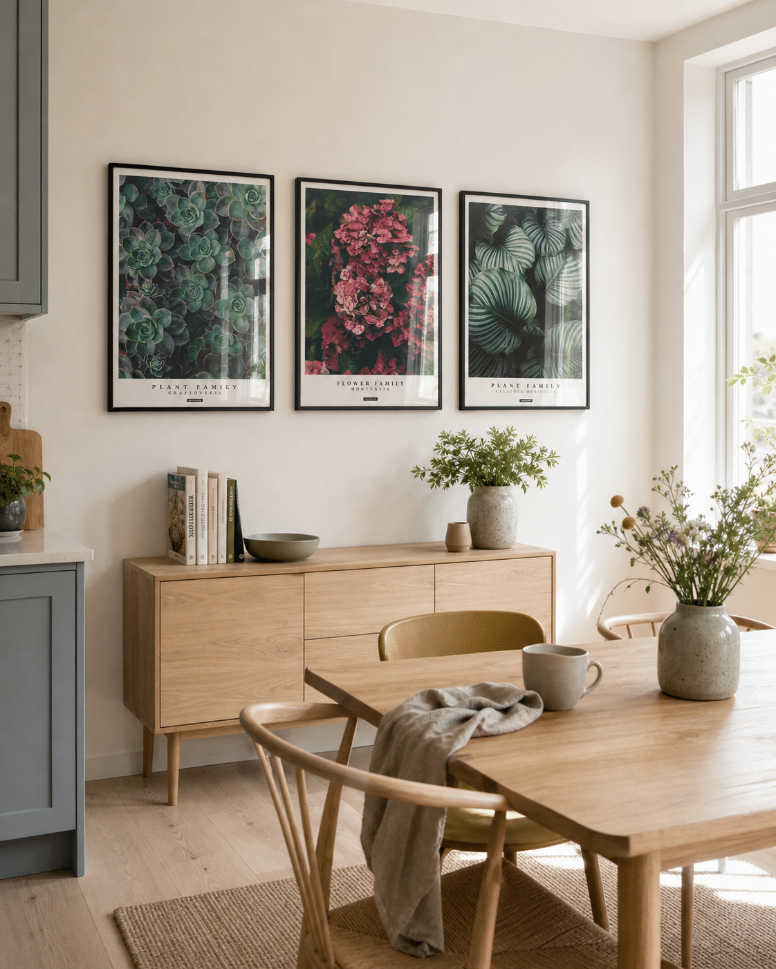 PLANTS plakatsæt med Graptoveria, Hortensia og Calathea Orbifolia i et lyst dansk køkken med egetræsmøbler og dagslys