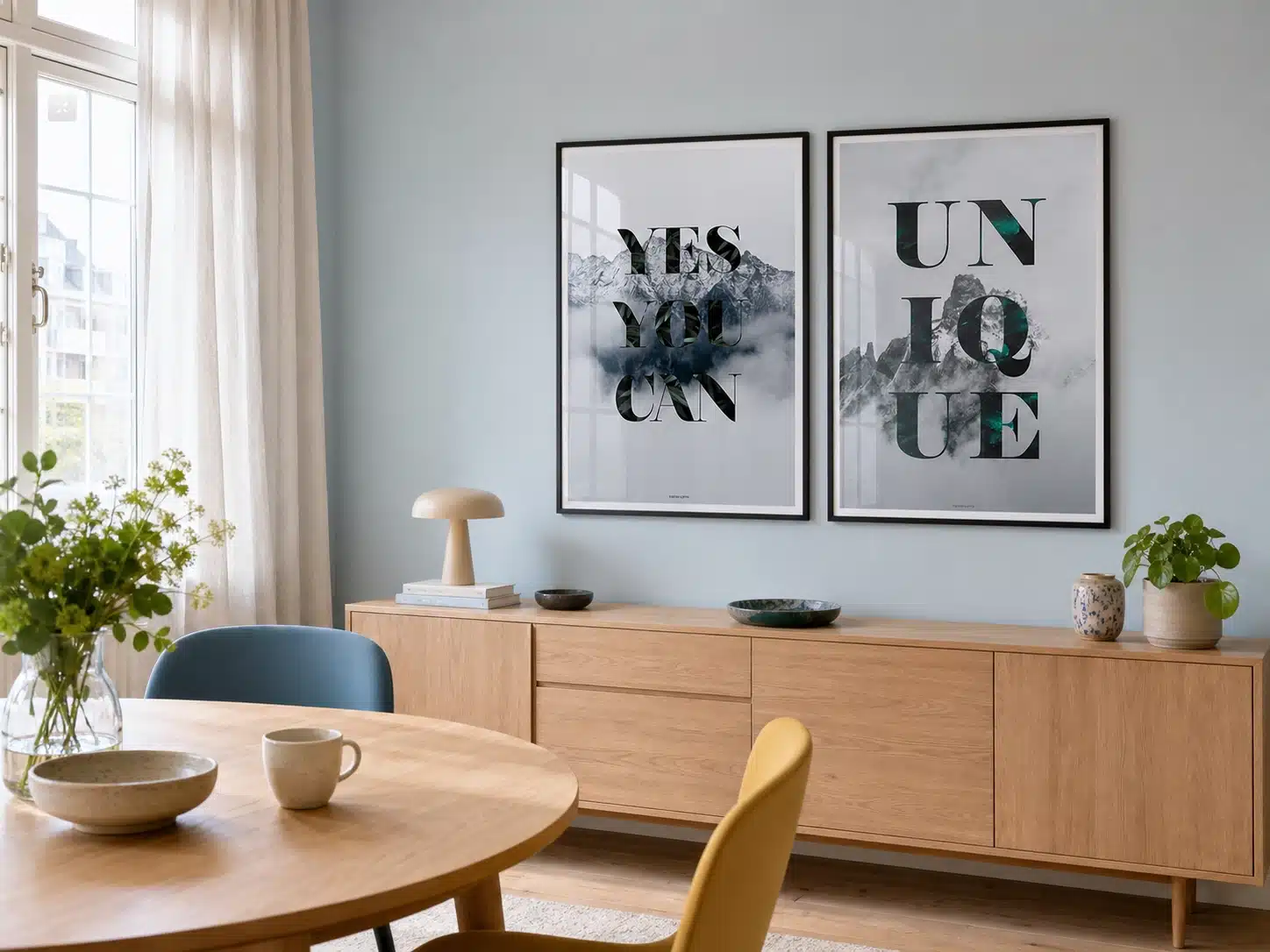 YES YOU CAN og UNIQUE plakater i sorte rammer på en lys blå væg over en egetræsskænk i en dansk spisestue.