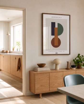 ABSTRAKT NO.5 plakat i valnøddefarvet ramme i et lyst dansk køkken med lerfarvet væg, egetræsskab, blågrøn stol og dagslys