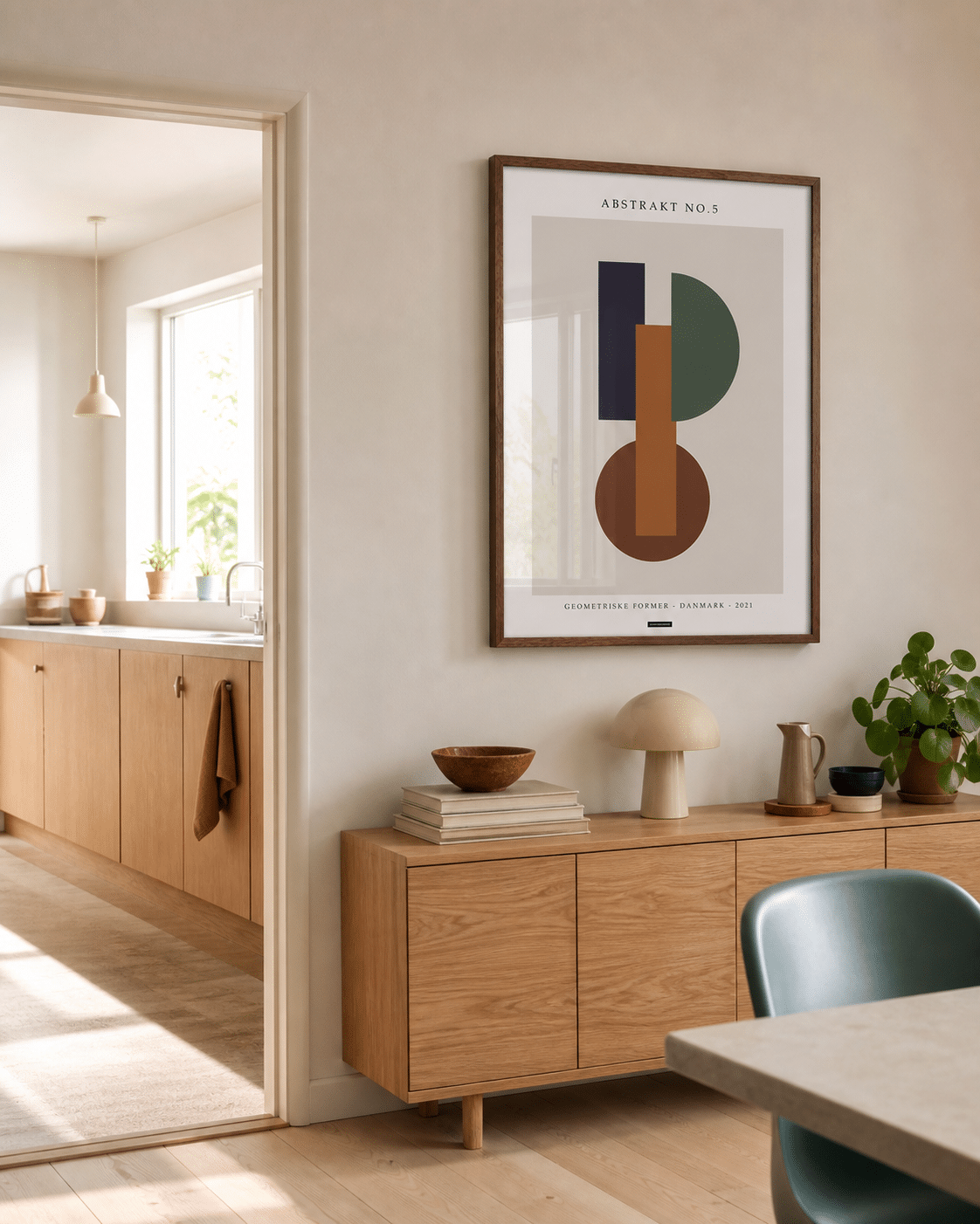 ABSTRAKT NO.5 plakat i valnøddefarvet ramme i et lyst dansk køkken med lerfarvet væg, egetræsskab, blågrøn stol og dagslys