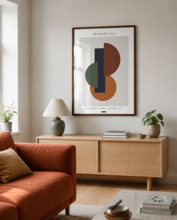 ABSTRAKT NO.6 plakat i valnødderamme i en lys dansk stue med varmgrå væg, rustfarvet sofa, egetræsskænk, grøn lampe og dagslys
