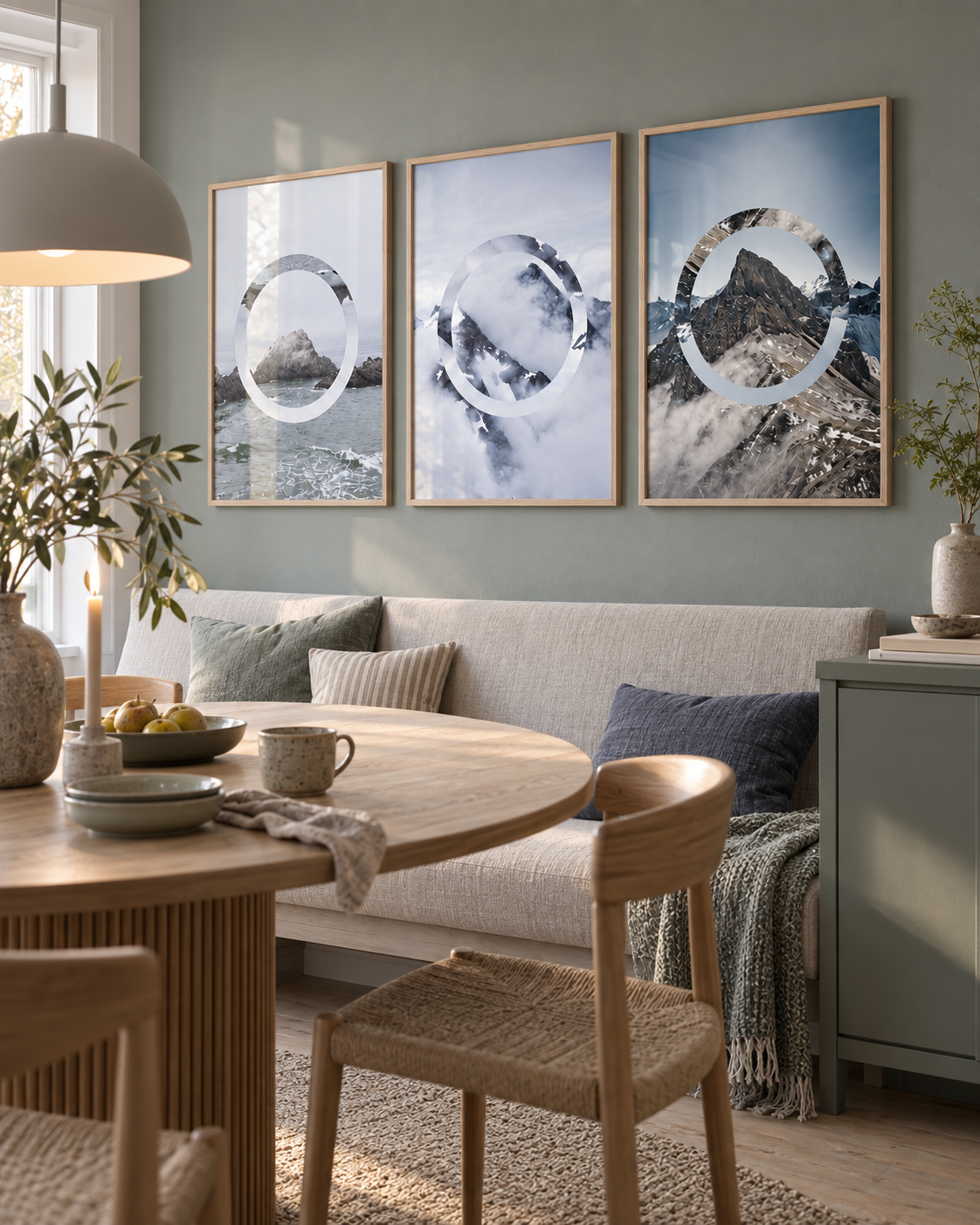 Blue Circle plakatsæt med tre naturplakater med cirkelformede motiver i egetræsrammer i en dansk spisestue.
