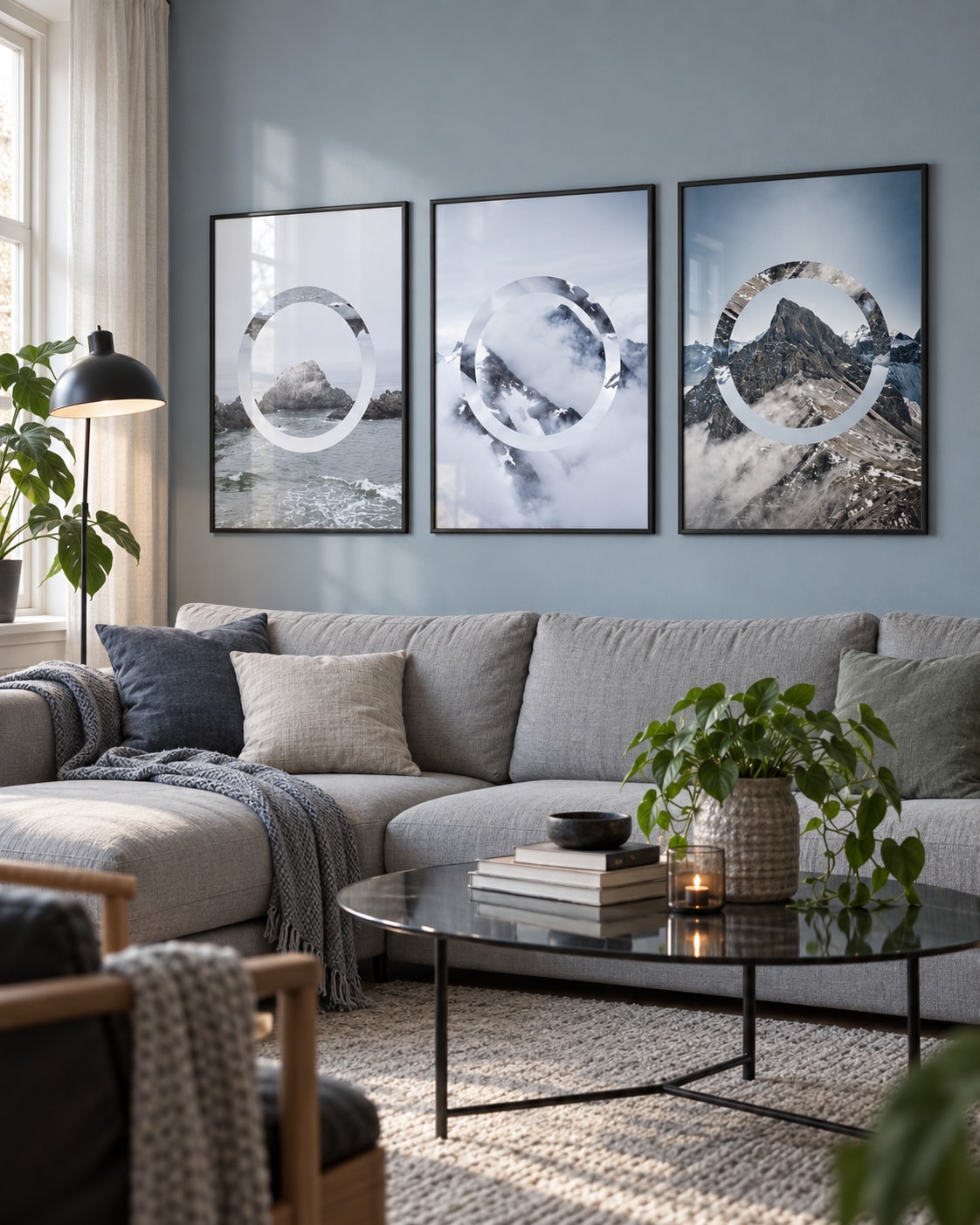 Blue Circle plakatsæt med tre naturplakater med cirkelformede motiver i sorte aluminiumsrammer over en sofa i en dansk stue.