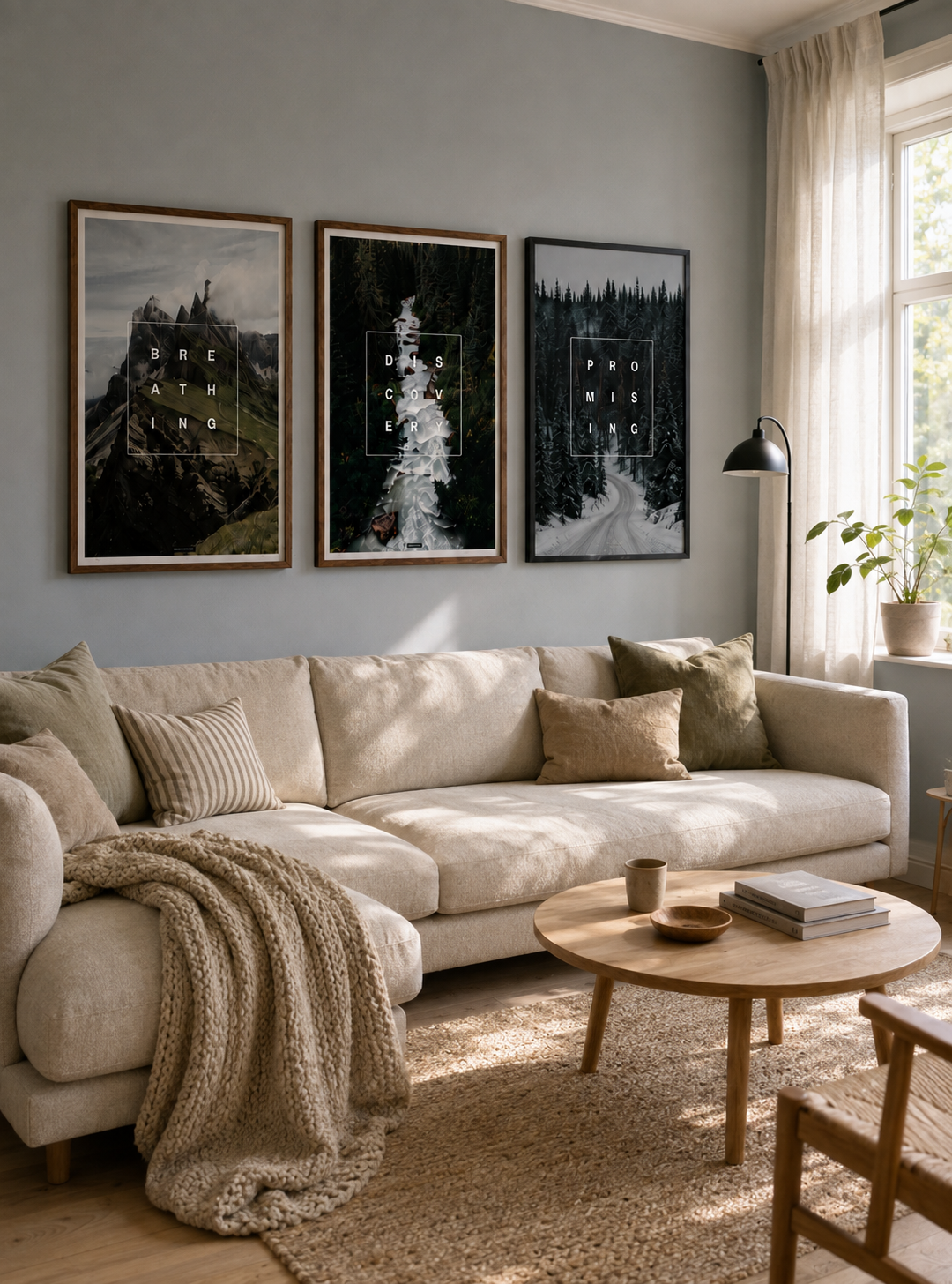 Matchende miljøbillede med Breathing, Discovery og Promising plakater over en sofa i en nordisk stue