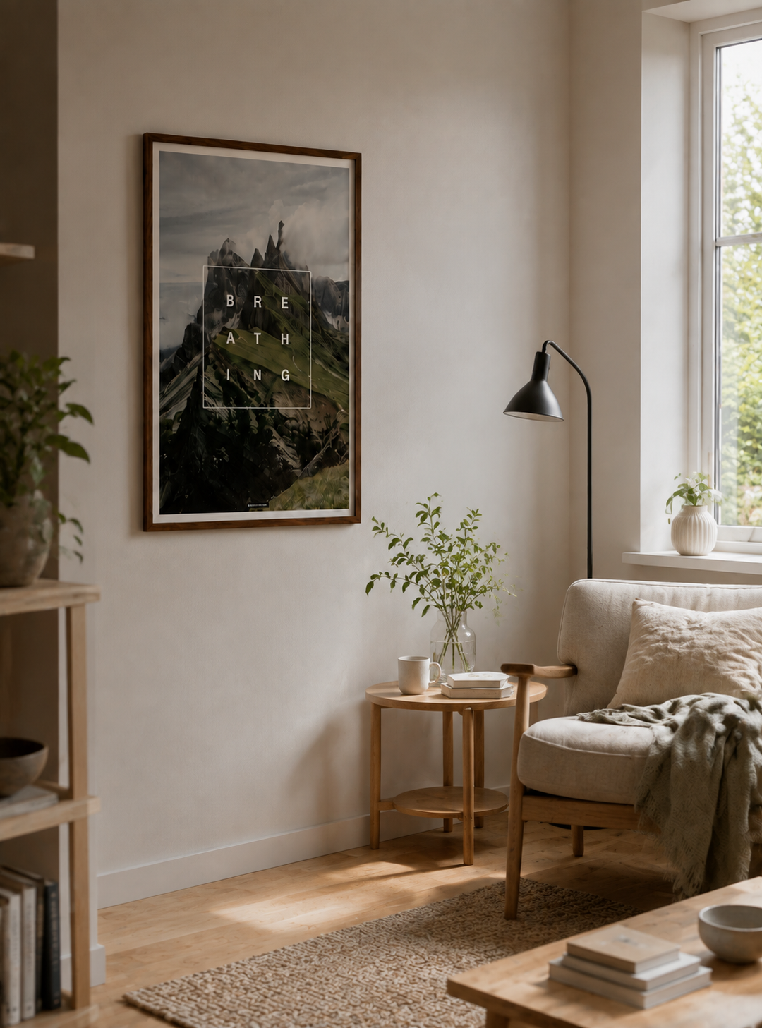Breathing plakat med bjergmotiv i varm valnødderamme i et lyst nordisk læsehjørne