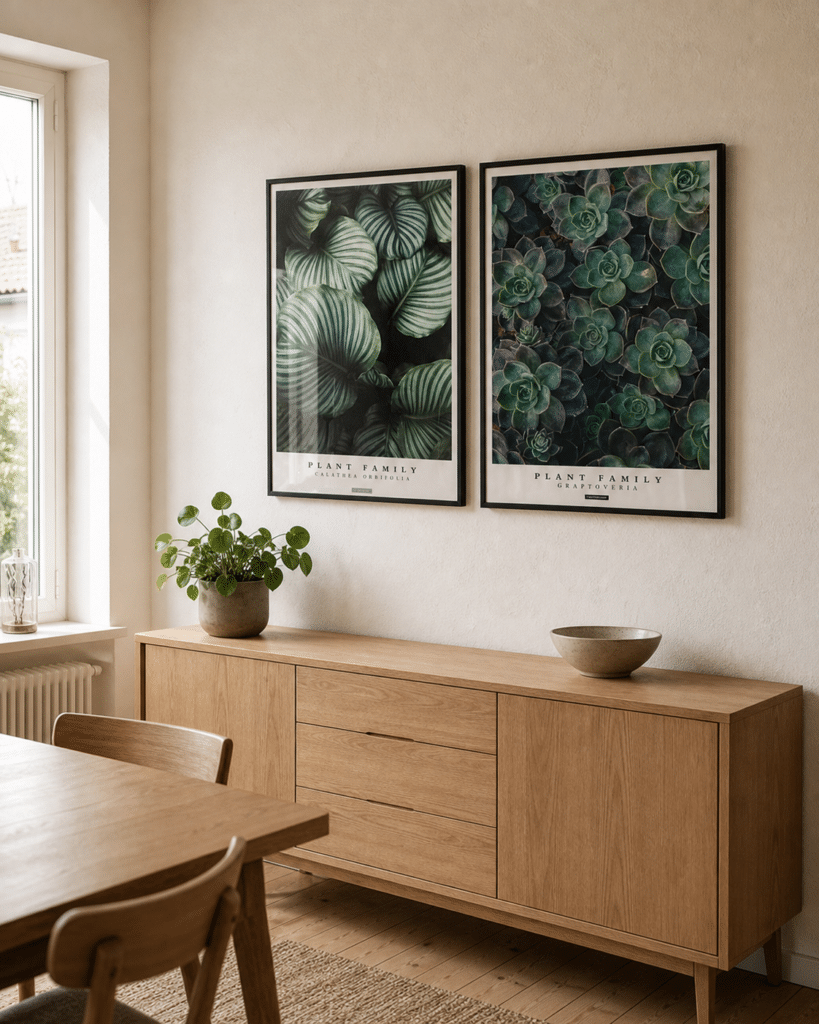 Calathea Orbifolia miljøbillede dining room KASPERBENJAMIN Calathea Orbifolia og Graptoveria plakater i sorte rammer hænger sammen på en lys væg i en naturlig dansk spisestue med egetræsmøbler og dagslys.