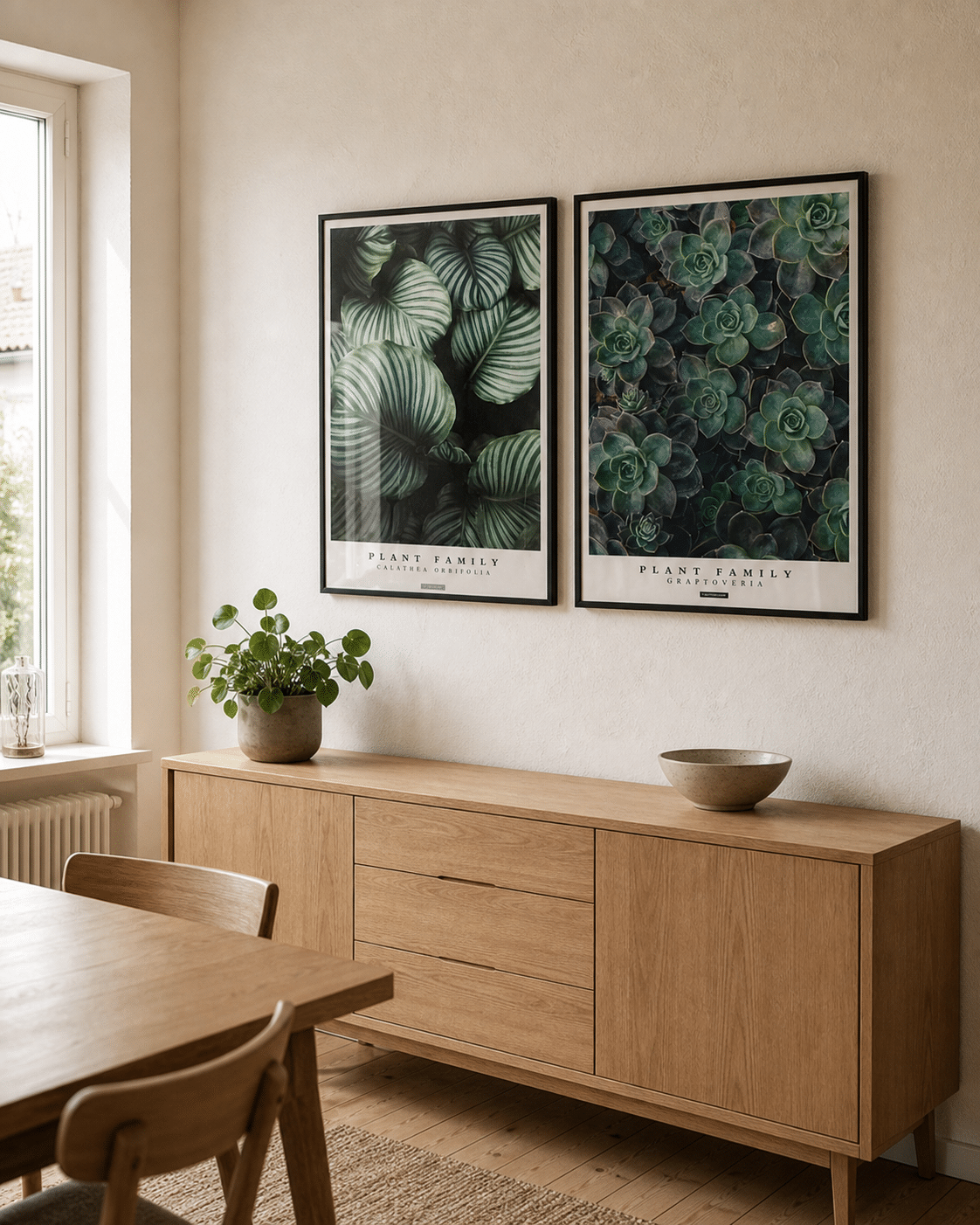 Calathea Orbifolia og Graptoveria plakater i sorte rammer hænger sammen på en lys væg i en naturlig dansk spisestue med egetræsmøbler og dagslys.