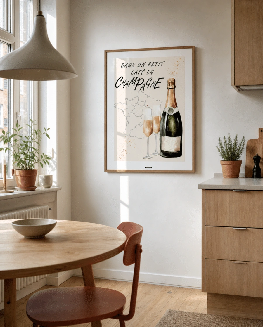 CHAMPAGNE NO.1 plakat i valnøddefarvet ramme i en lys dansk køkkenspisestue med egetræsskabe, terracotta stol, rundt bord og dagslys