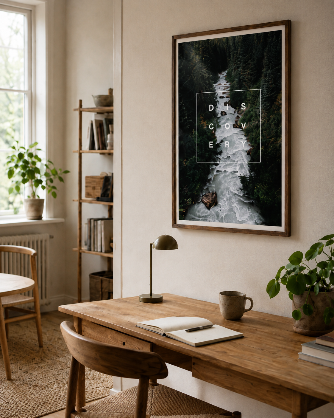 Discovery plakat med skov og vandfald i valnødderamme i et lyst nordisk arbejdshjørne