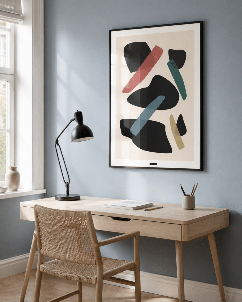 DROPS OF BLACK miljøbillede KASPERBENJAMIN - lyst kontor DROPS OF BLACK plakat i sort ramme i et lyst dansk hjemmekontor med støvet blå væg, birkebord, sort arbejdslampe og dagslys