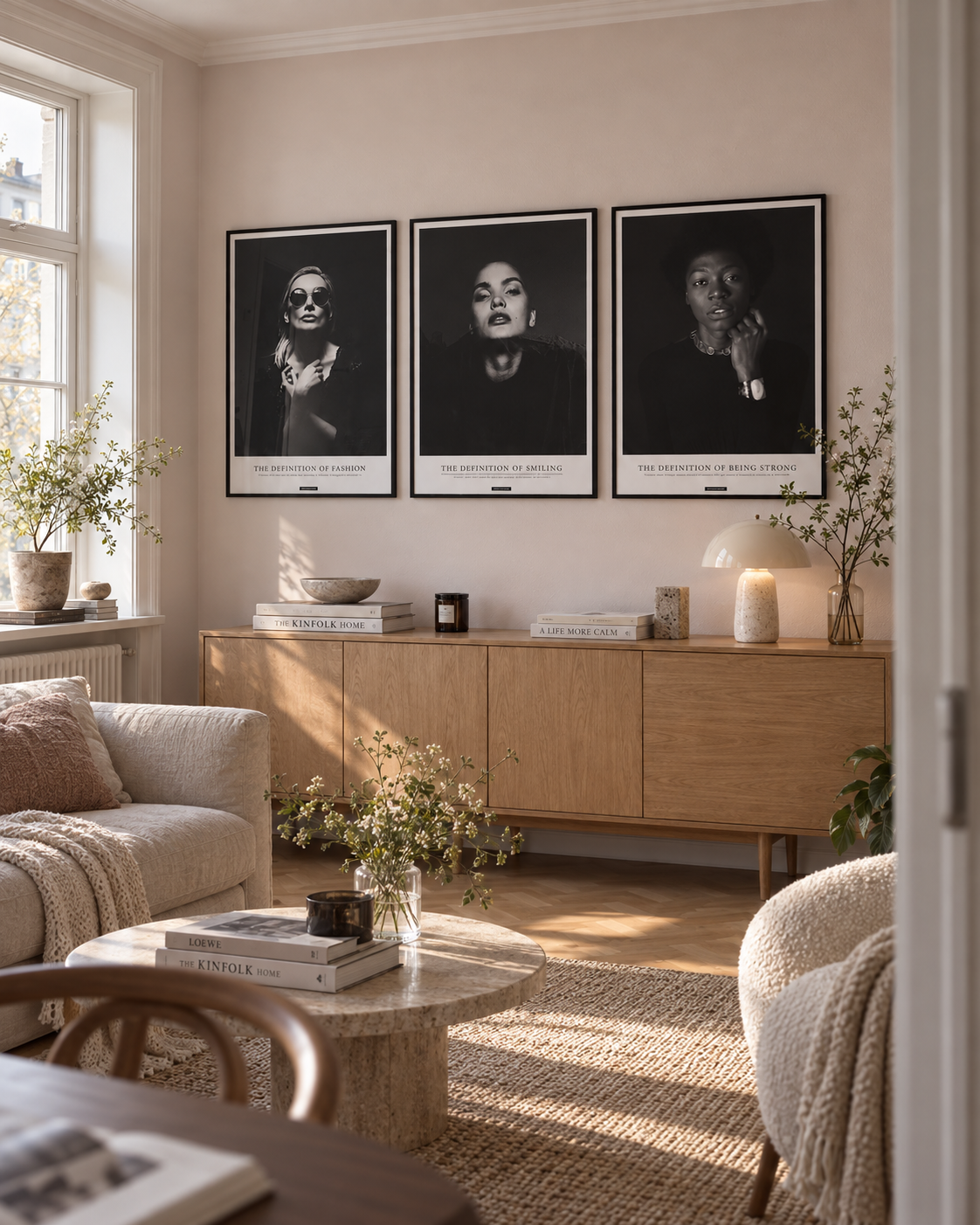 Fashion, Smile og Strong plakater i sorte rammer i et lyst feminint dansk hjem