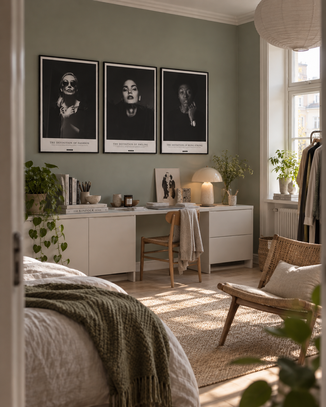 Fashion, Smile og Strong plakater i sorte rammer i et lyst dansk soveværelse