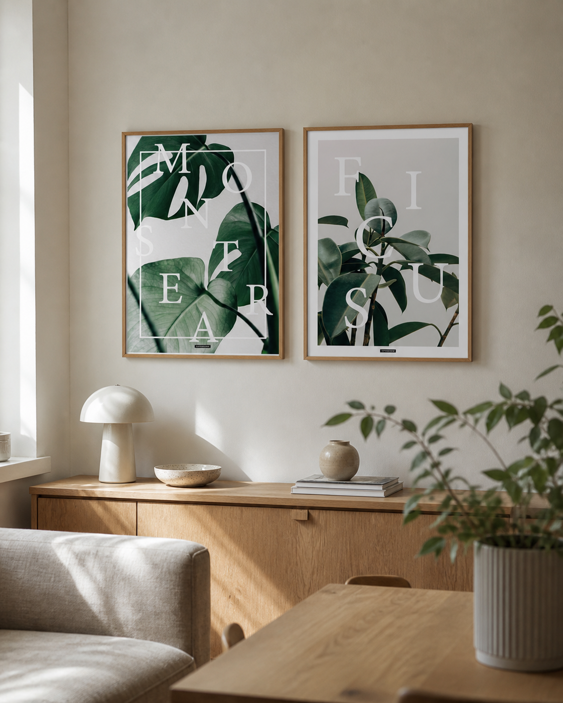 Ficus Elastica og Monstera plakater i matchende egetræsrammer hænger sammen på en lys væg i en naturlig dansk stue med dagslys.