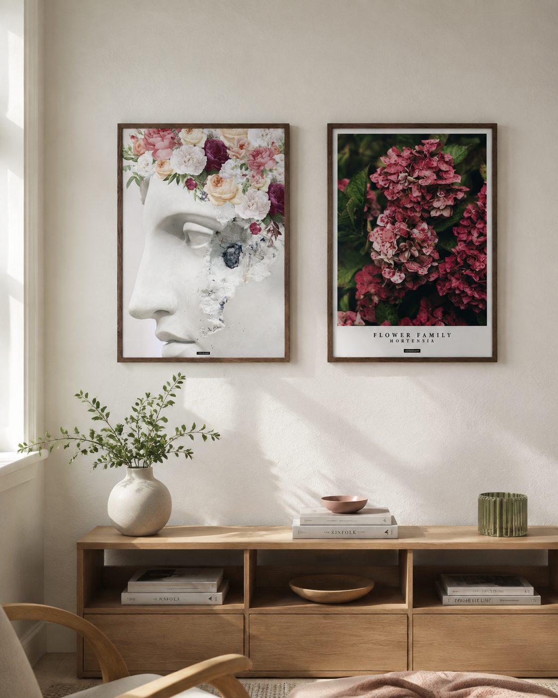 FLOWER SCULPTURE og HORTENSIA plakater i en lys dansk bolig med naturligt dagslys