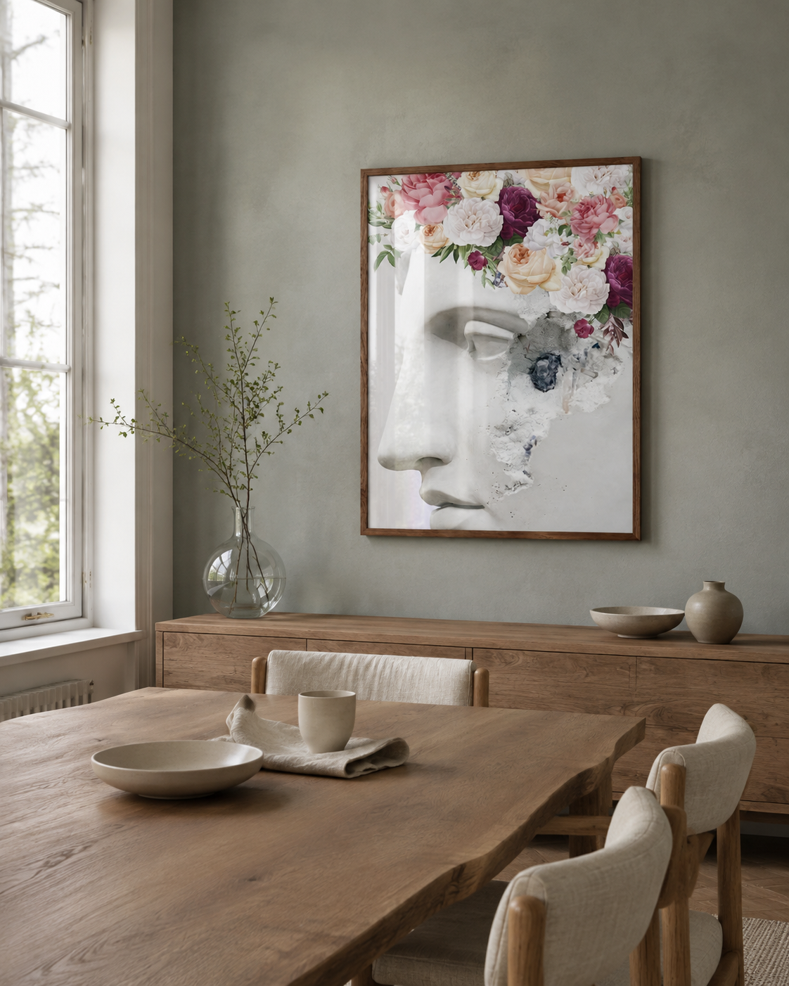FLOWER SCULPTURE plakat i en lys nordisk spisestue med afdæmpede farver og naturligt dagslys