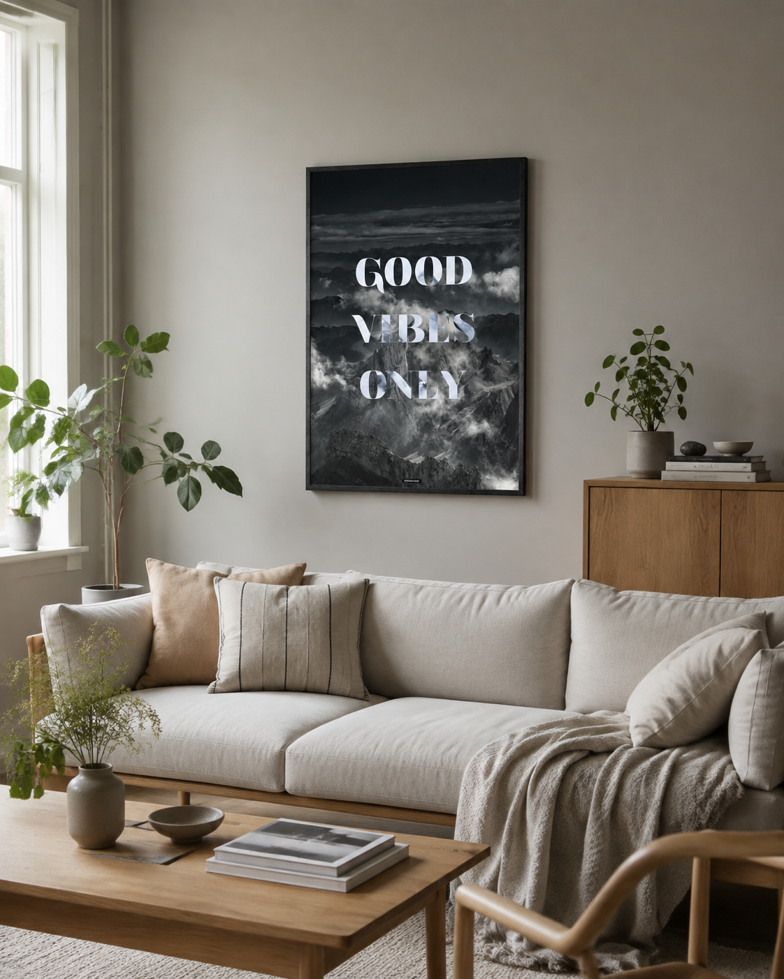 GOOD VIBES ONLY plakat i sort ramme over en lys sofa i en almindelig dansk stue med naturligt dagslys.