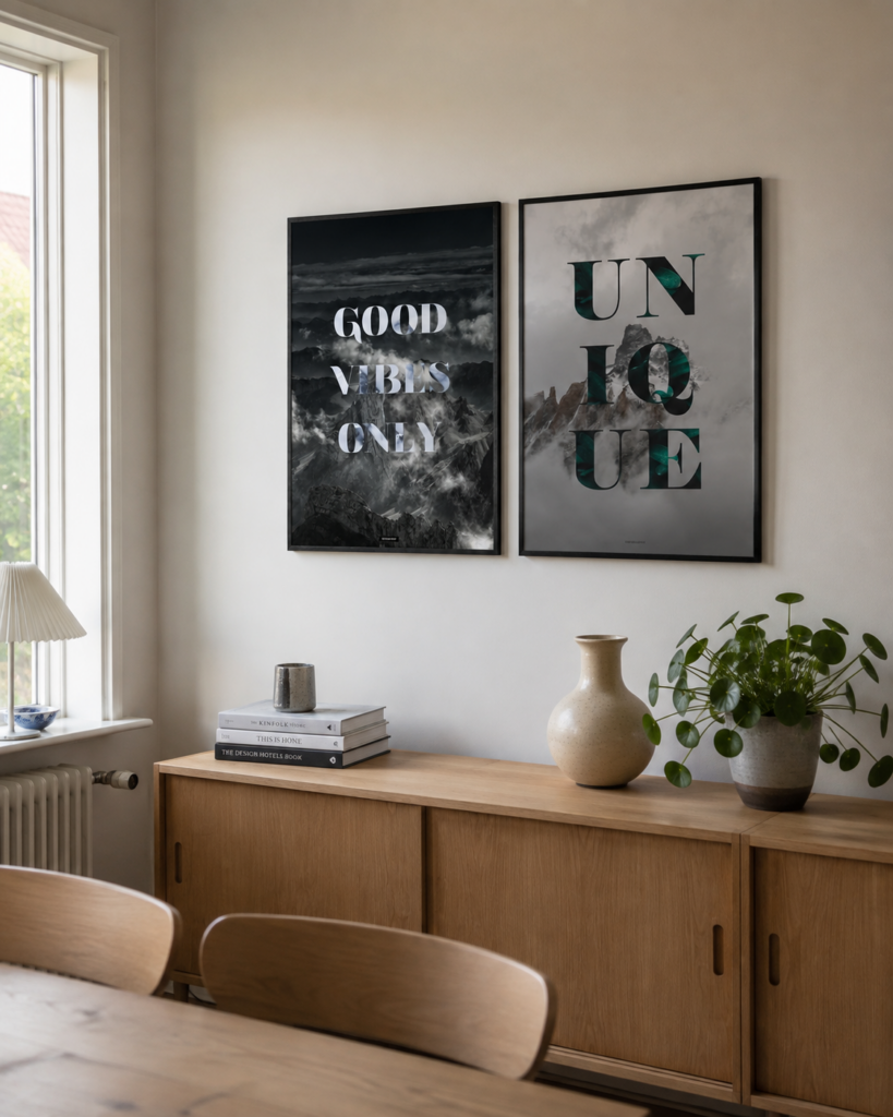 GOOD VIBES ONLY og UNIQUE matchende miljøbillede KASPERBENJAMIN GOOD VIBES ONLY og UNIQUE plakater sammen i en lys dansk spisestue med ens sorte aluminiumsrammer og naturligt dagslys.