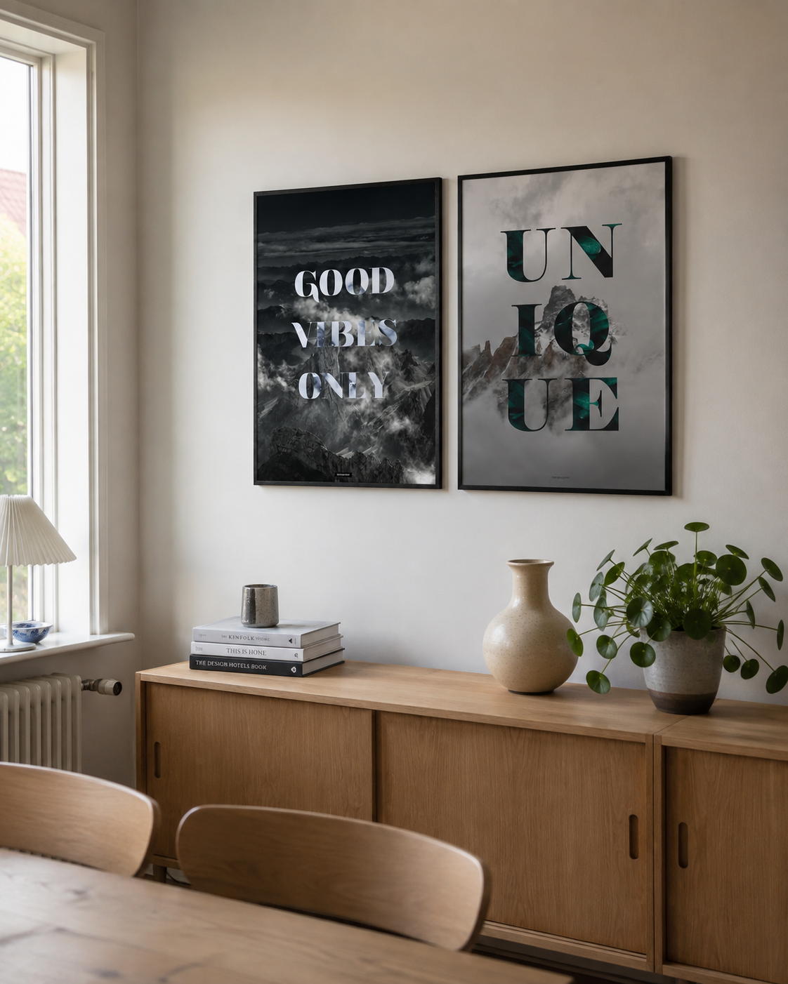 GOOD VIBES ONLY og UNIQUE plakater sammen i en lys dansk spisestue med ens sorte aluminiumsrammer og naturligt dagslys.