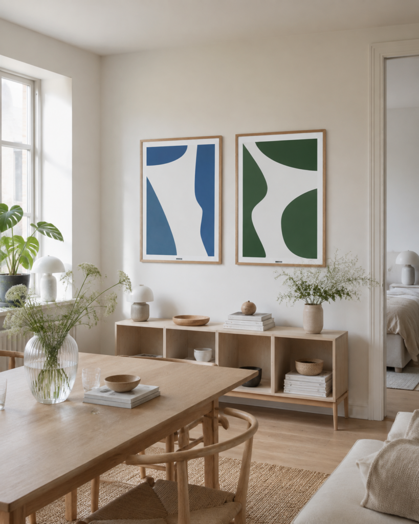 GREEN SHAPES NO.1 med BLUE SHAPES NO.1 - matchende miljøbillede | KASPERBENJAMIN GREEN SHAPES NO.1 og BLUE SHAPES NO.1 plakater side om side i en lys nordisk spisestue.