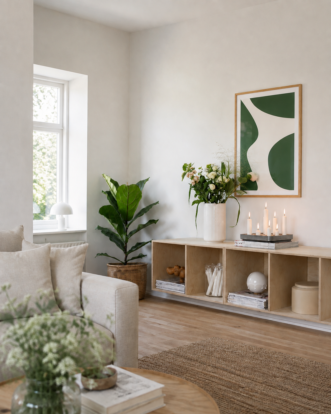 GREEN SHAPES NO.1 plakat i et lyst nordisk hjem med naturligt dagslys og rumdybde.