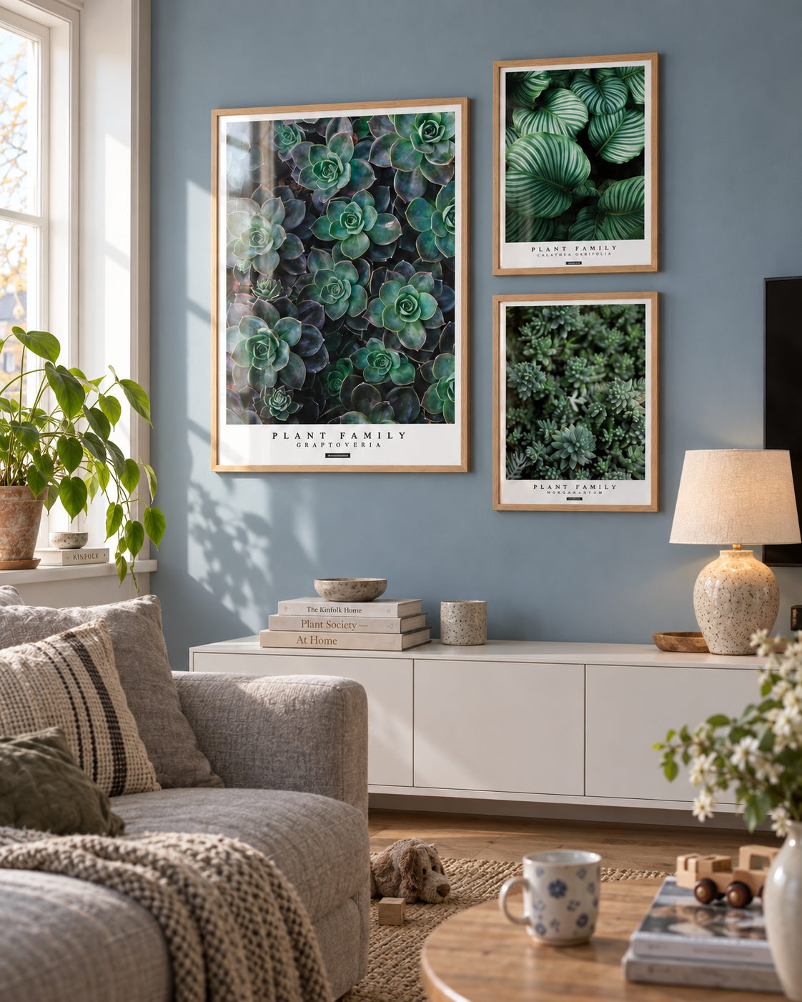 Grøn plante billedvæg med en stor botanisk plakat til venstre og to mindre planteplakater til højre i egetrærammer over et hverdagsagtigt dansk stuemiljø.