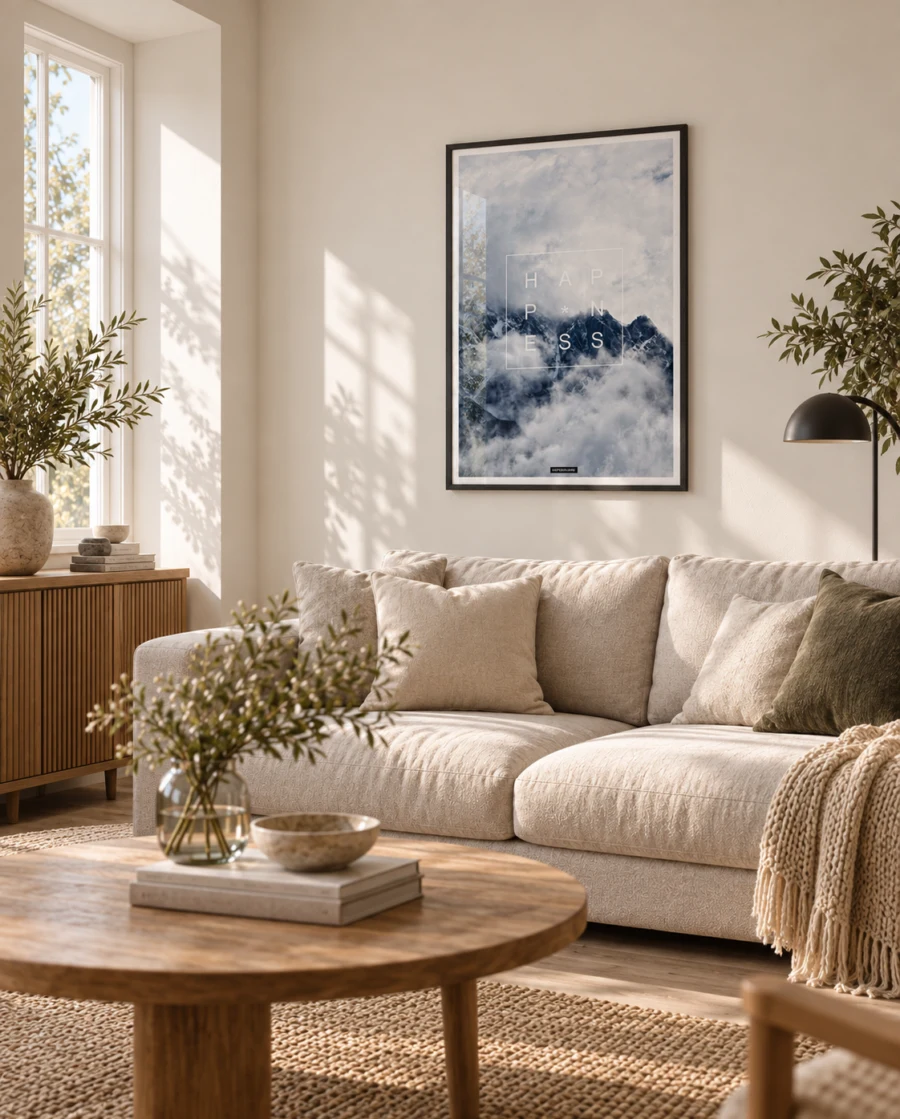 HAPPINESS plakat i en rummelig nordisk stue med sofa, vindue og naturligt dagslys hos KASPERBENJAMIN