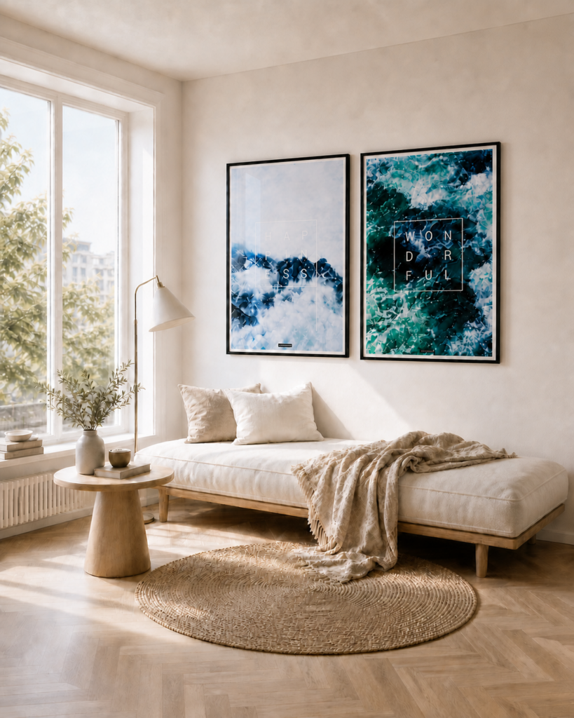 HAPPINESS miljøbillede | KASPERBENJAMIN match med WONDERFUL HAPPINESS og WONDERFUL plakater sammen i en lys nordisk stue med sofa, dagslys og naturlig indretning.