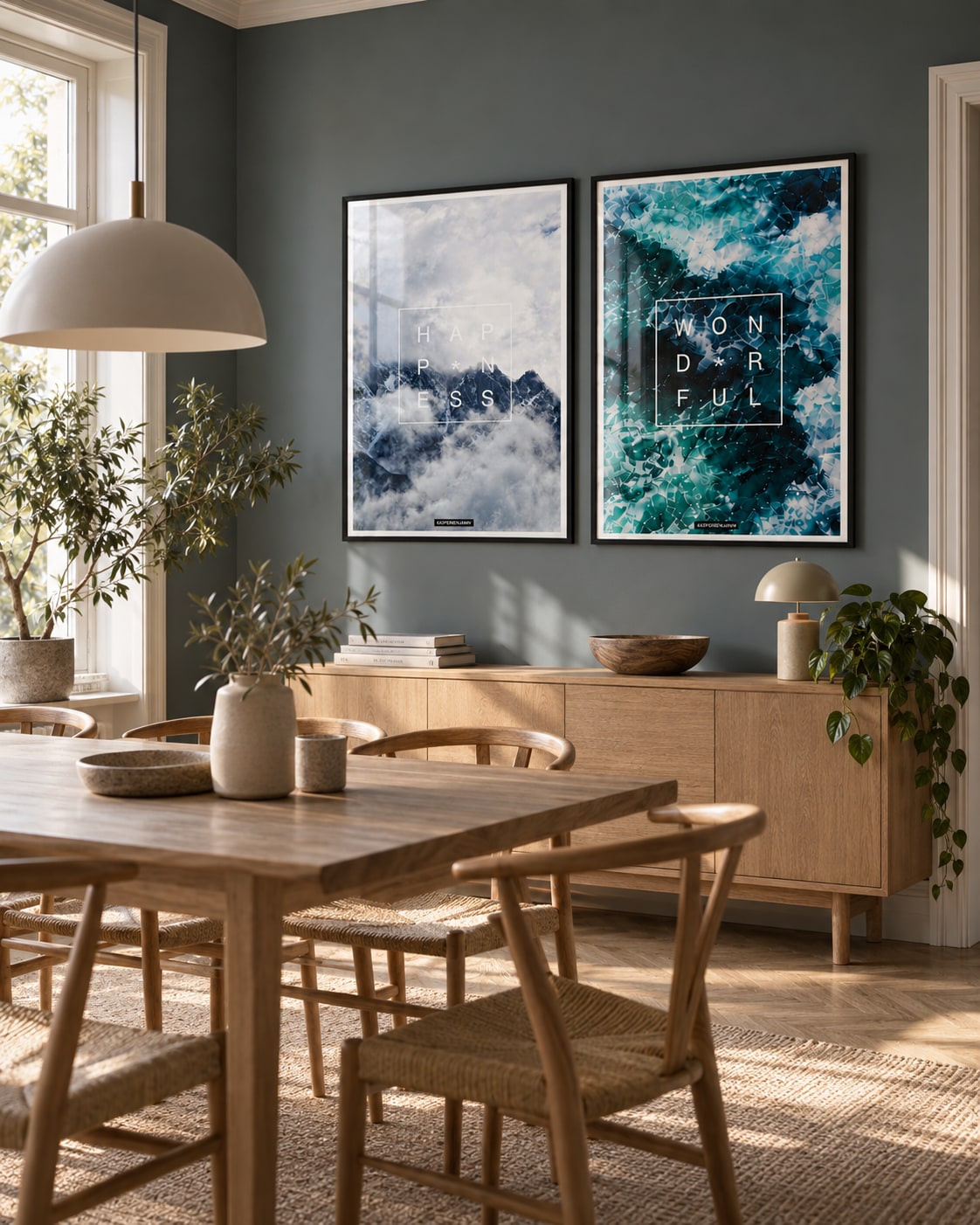 HAPPINESS og Wonderful plakater i sorte rammer i en nordisk spisestue hos KASPERBENJAMIN