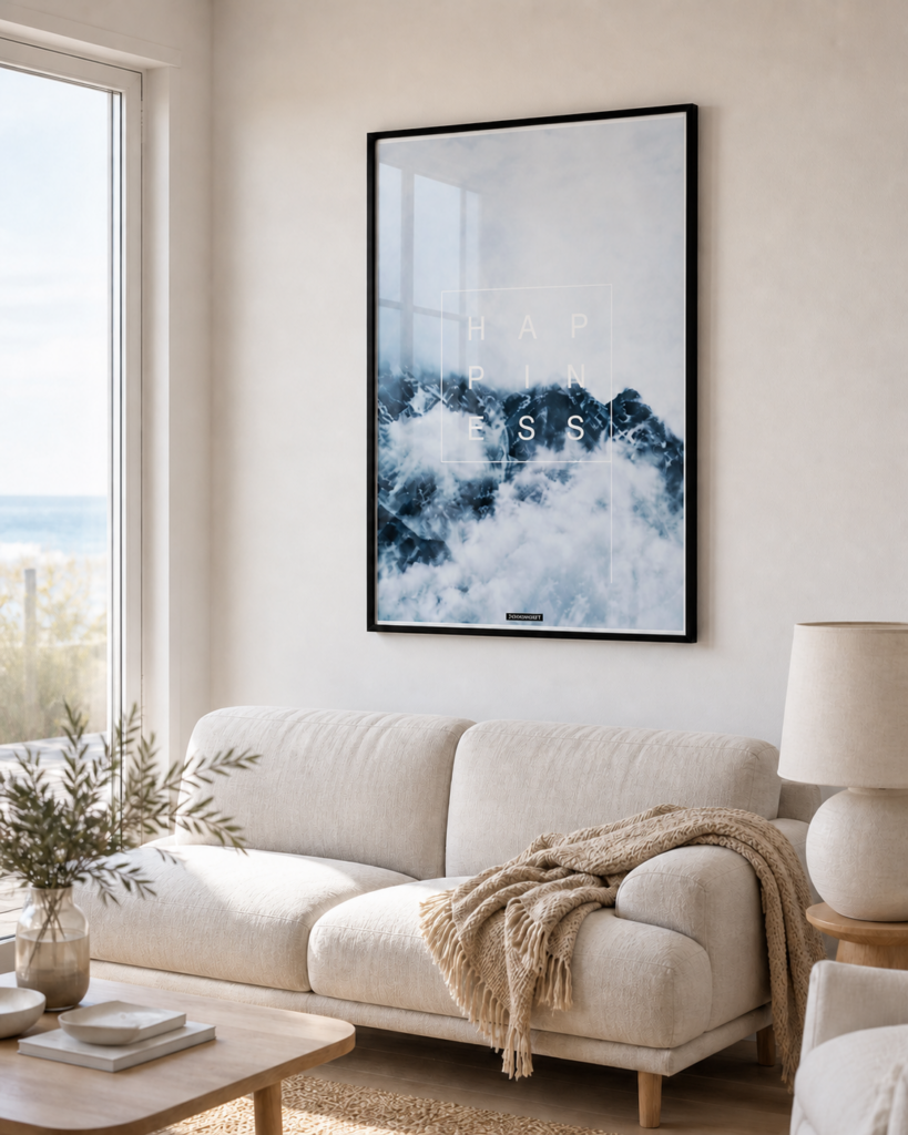 HAPPINESS miljøbillede | KASPERBENJAMIN HAPPINESS plakat i sort ramme over en lys sofa i nordisk stue med naturligt dagslys.