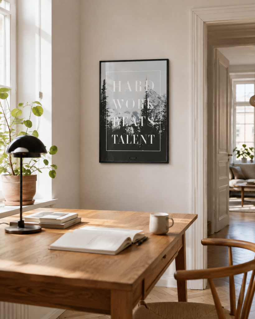 HARD WORK - godkendt hero miljøbillede | KASPERBENJAMIN HARD WORK plakat i et lyst nordisk hjem med naturligt dagslys og god rumdybde.