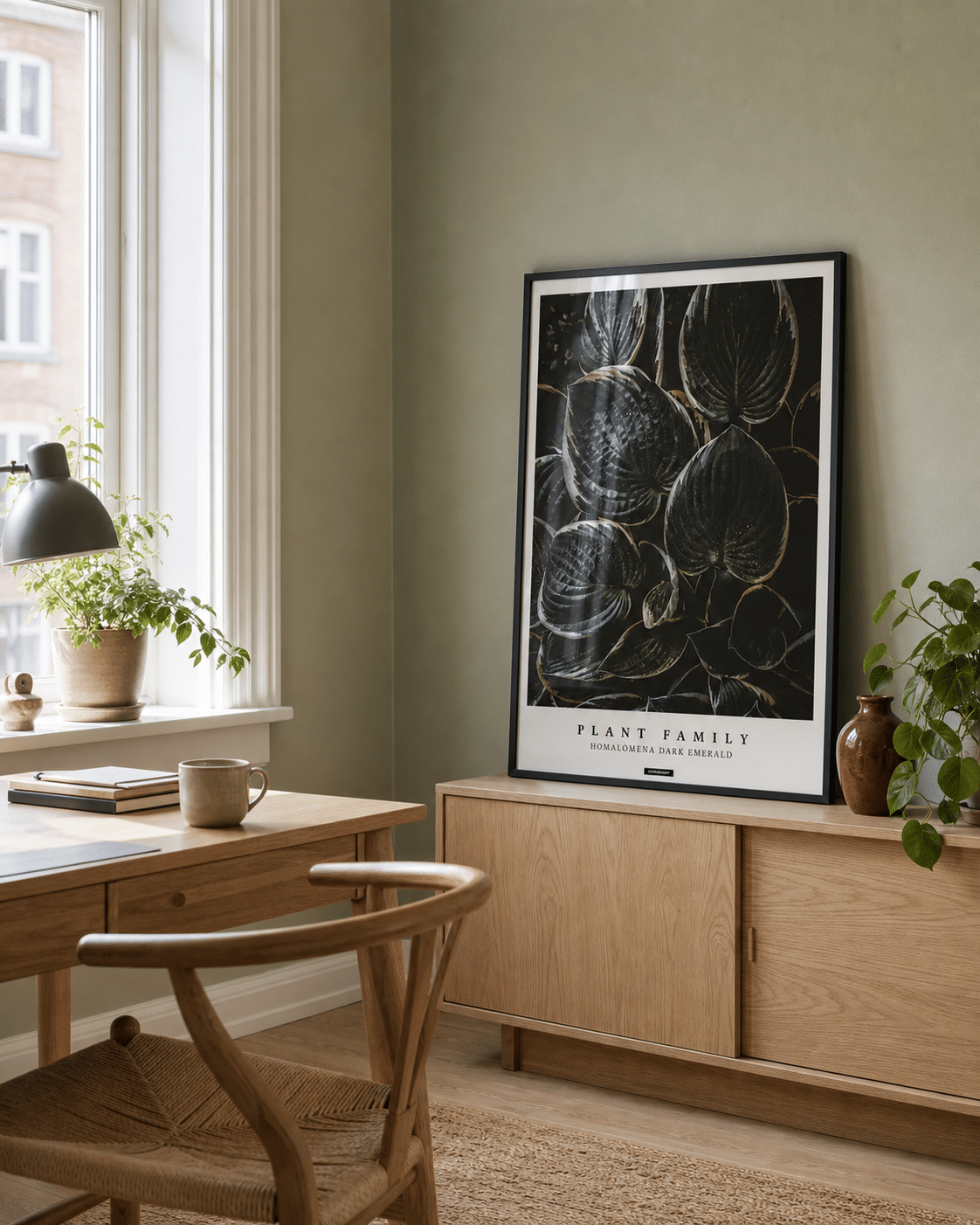 HOMALOMENA plakat i sort ramme i et lyst nordisk hjemmekontor med salviegrøn væg, egetræsskrivebord og dagslys
