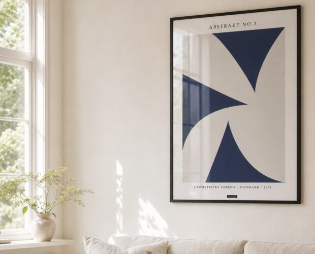 Abstrakt plakat på en lys væg over en sofa