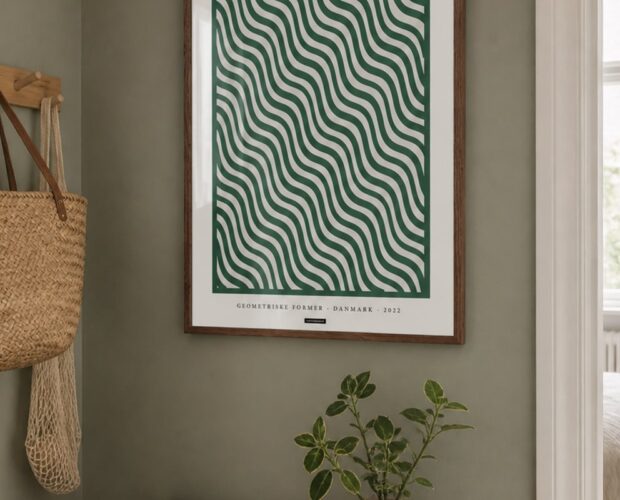 En enkelt grafisk plakat i en rolig entré uden visuel uro