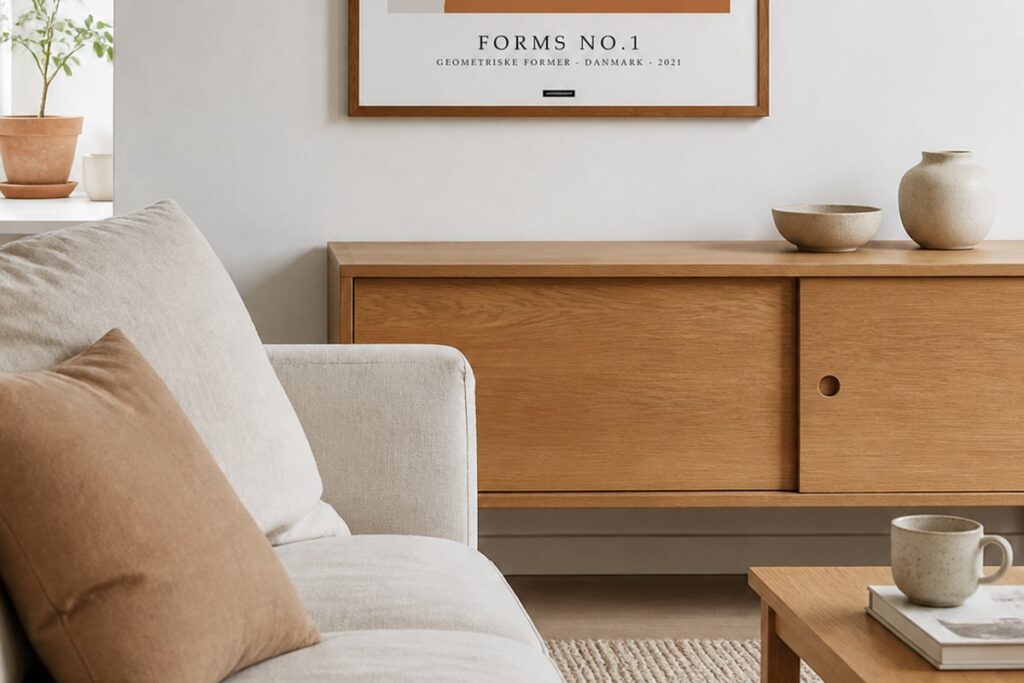 50x70 plakat i egetræsramme over en lys sofa og egetræsmøbel