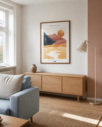 LANDSCAPE NO.2 plakat i valnøddefarvet ramme i en lys dansk stue med lyseblå sofa, egetræsskænk, rosa væg og dagslys