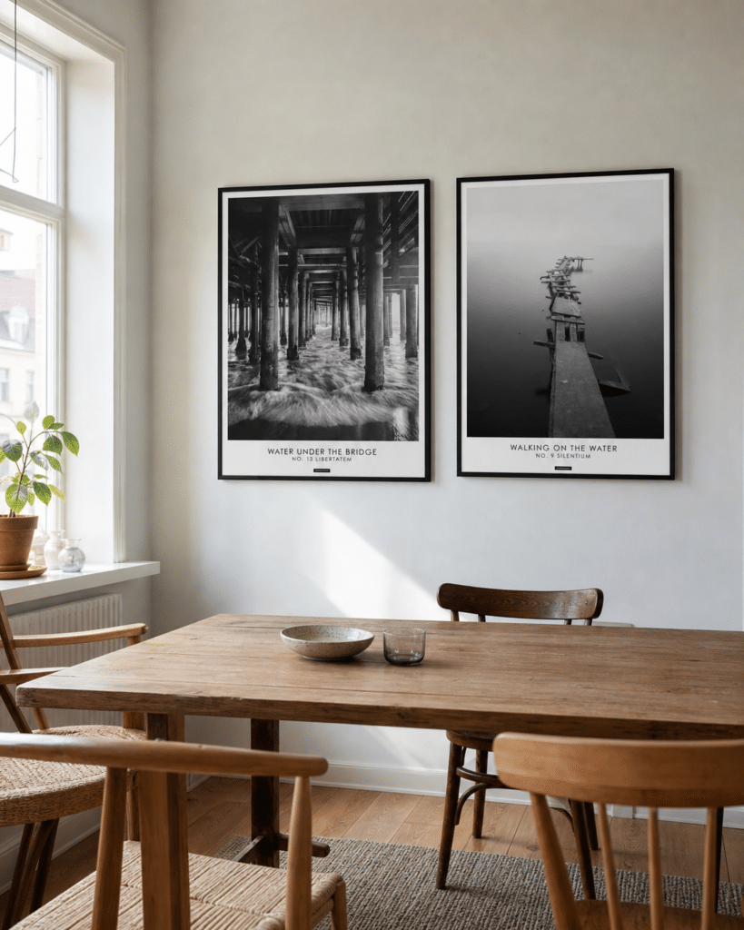 Libertatem miljøbillede dining room KASPERBENJAMIN Libertatem-plakaten med sort ramme og Silentium-plakaten hænger sammen på en lys væg i en naturlig dansk spisestue med træbord og blødt dagslys.