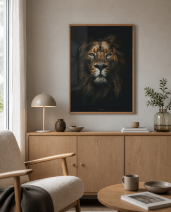 Lion King plakat i egetraesramme hænger over et egetraesskab i en lys dansk stue med naturligt dagslys.
