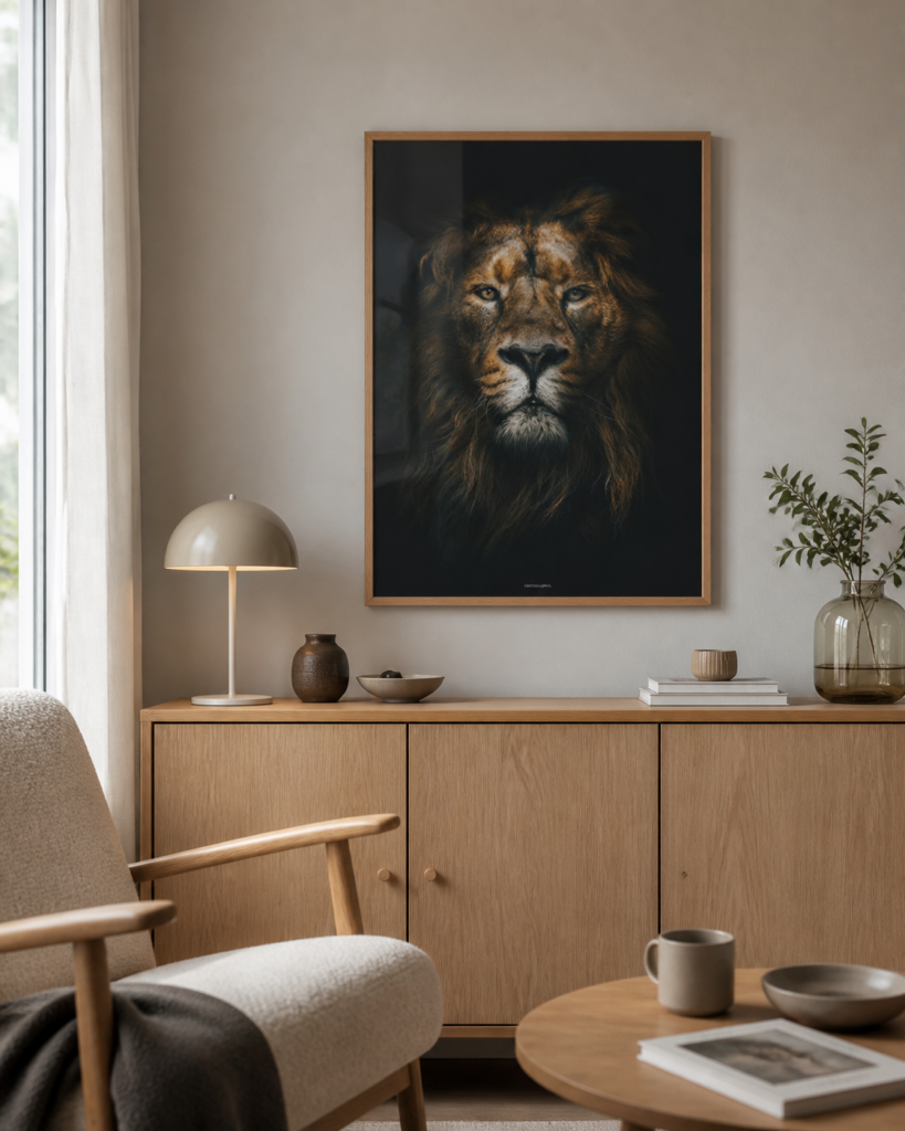 Lion King miljøbillede hero KASPERBENJAMIN Lion King plakat i egetraesramme hænger over et egetraesskab i en lys dansk stue med naturligt dagslys.