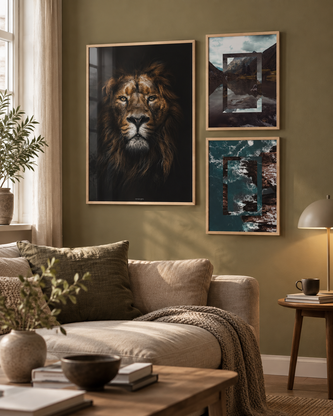 Løve billedvæg med en stor løveplakat og to mindre naturplakater i egetræsrammer over en sofa i en dansk stue.