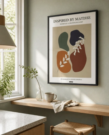 MATISSE NO.2 plakat i sort ramme i et lyst dansk køkken med celadongrøn væg, egetræshylde, keramik og naturligt dagslys